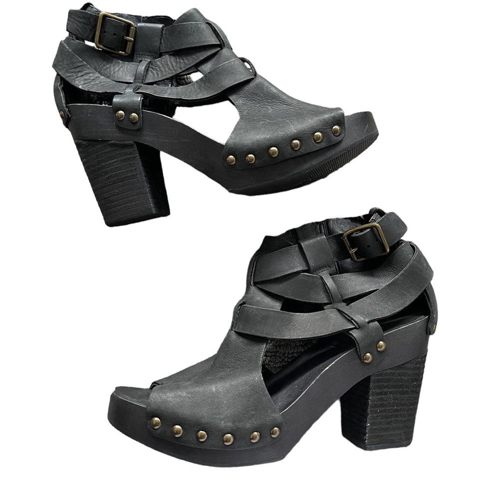 🦋Denim & Supply Ralph Lauren Black Leather Wooden Buckle Platform, Size 7.5